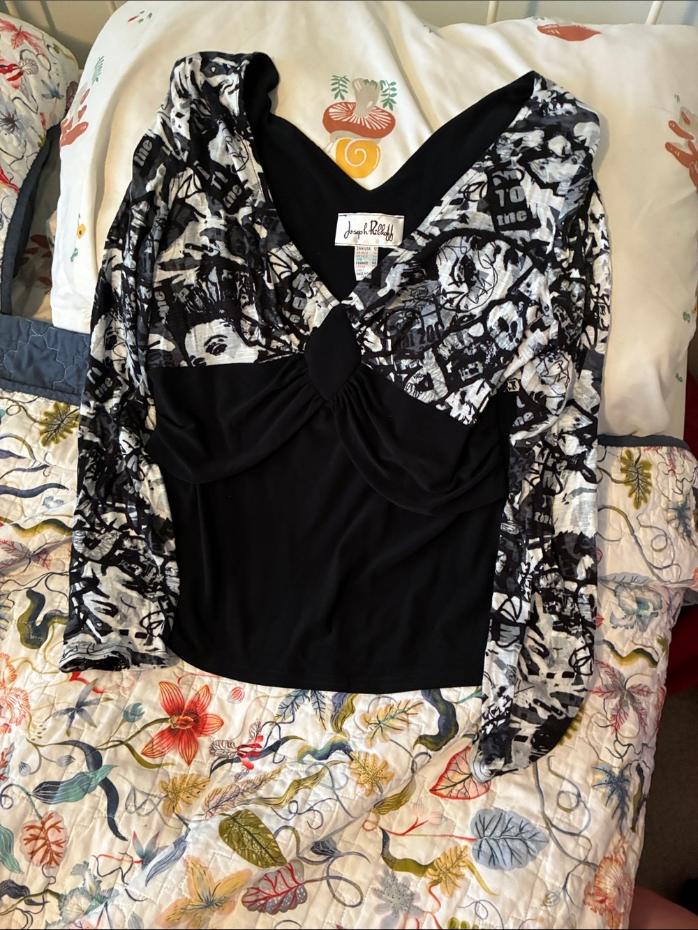Joseph Ribkoff Black & White Twist-Front Long Sleeve Top with Printed Sleeves